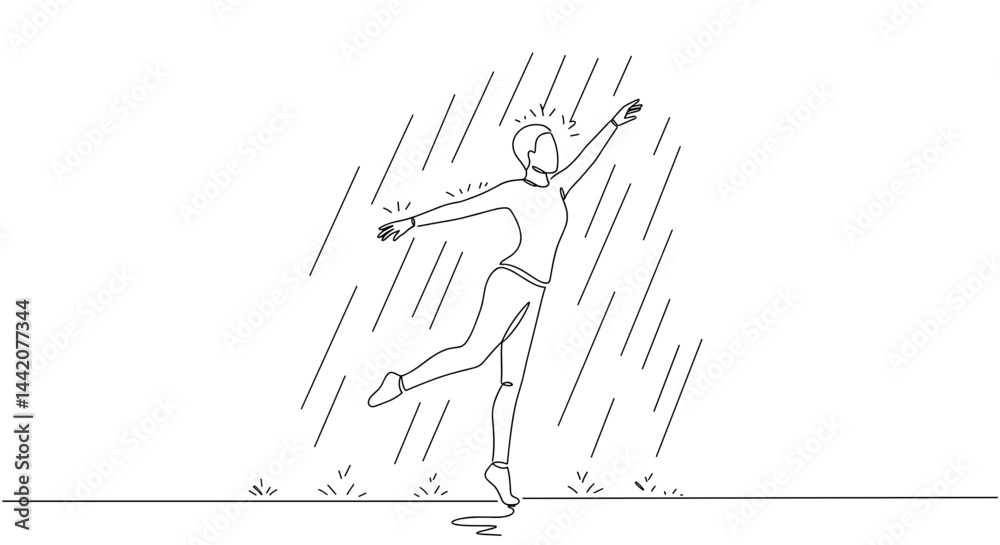 Person dancing joyfully in the rain against a minimalist backdrop