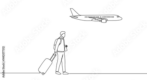Obraz na płótnie Person walking with suitcase under airplane in minimalist style w salonie