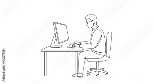 Line Art Illustration of a Person Working at a Desk  