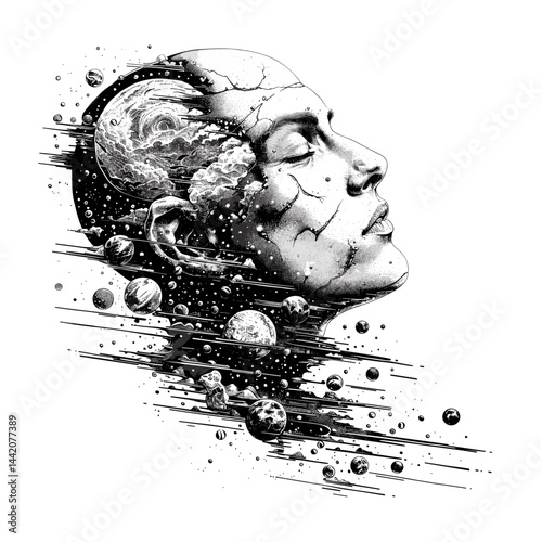 Human head surreal ink drawing, cosmic floating elements, vintage black sketch style, old engraving look, trendy cosmic portrait, surreal celestial illustration, retro head art