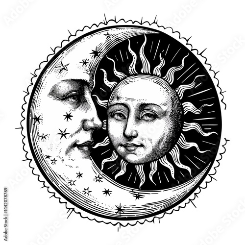 Isoteric vector illustration, sun and moon logo, black vintage engraving, old sketch style, trendy emblem, celestial illustration, mystic vintage artwork, cosmic design art