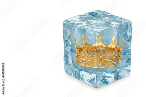 A golden crown inside an ice cube. Space for text. photo