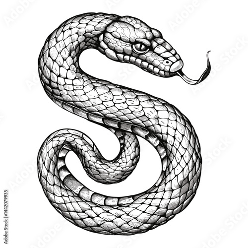 Vintage snake letter S, old engraving style tattoo sketch, black print emblem, vector illustration, trendy serpent artwork, antique snake art, stylish reptile design