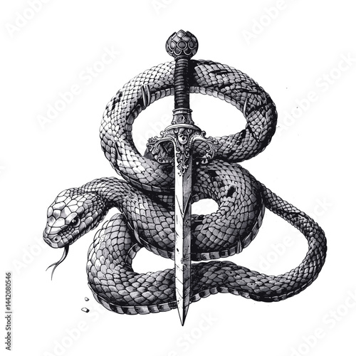 Bold vintage snake and sword tattoo, coiled serpent sketch, black engraving style, trendy vintage tattoo design, gothic serpent art, retro sword tattoo, blackwork tattoo