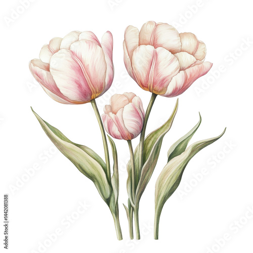 A digitally painted still life of three pastel pink and white tulips, showcasing the detail of petals and leaves, in a delicate and romantic arrangement.