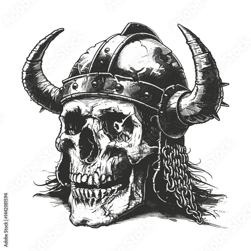 Viking horned helmet skull, vintage engraving, old woodcut illustration, tattoo sketch, hand drawn skull, black sketch artwork, retro engraving style, ancient warrior skull art,