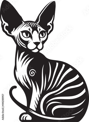 Sphynx Cat Vector Black and White Line Art Illustration	
