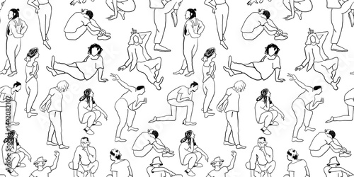 seamless pattern with doing exercise people in hand drawn sketching style in vector. Element for poster wallpaper background wrapping textile prints postcard packaging