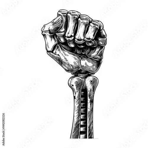 Skeleton hand rock sign with wrench, black ink vector, vintage sketch, old engraving style, retro tattoo art, punk hand illustration, rebellious skeleton design, monochrome drawing