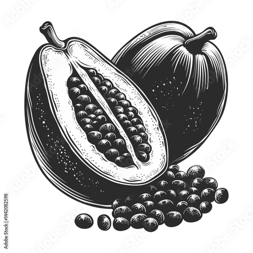 Minimal hand-drawn black and white papaya icon, old engraving style, trendy sketch, vintage fruit illustration, tropical fruit art, botanical line art, summer fruit vector