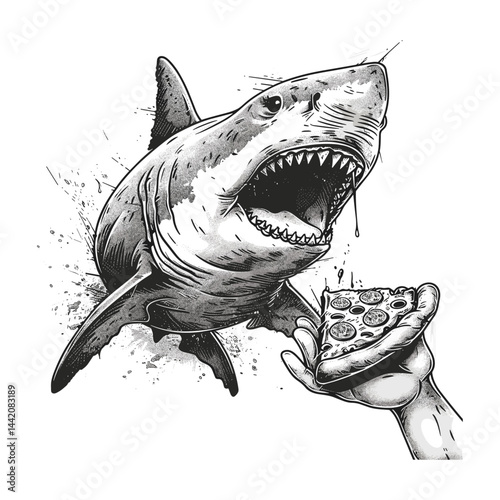 Minimalistic bold line art shark, hand holding pizza, black sketch style, vintage engraving, trendy artwork, retro marine animal drawing, contemporary tattoo idea, quirky wall decor