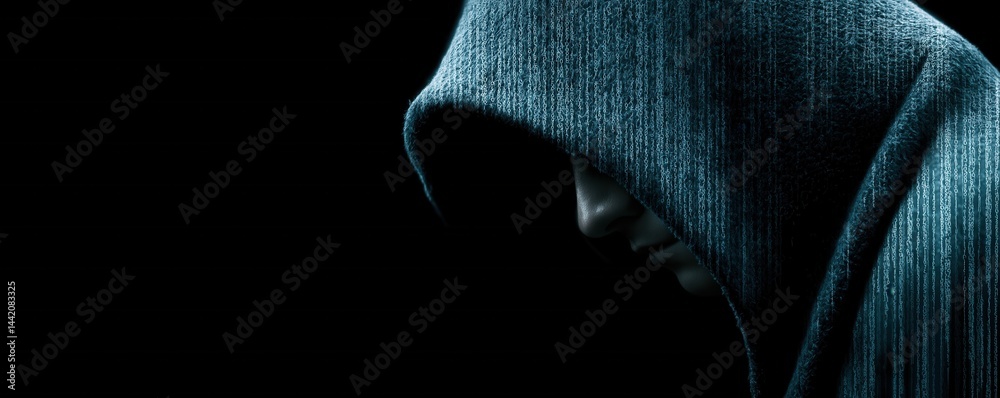 custom made wallpaper toronto digitalA mysterious hooded figure is shrouded in darkness, with only part of their face visible under a textured hood.