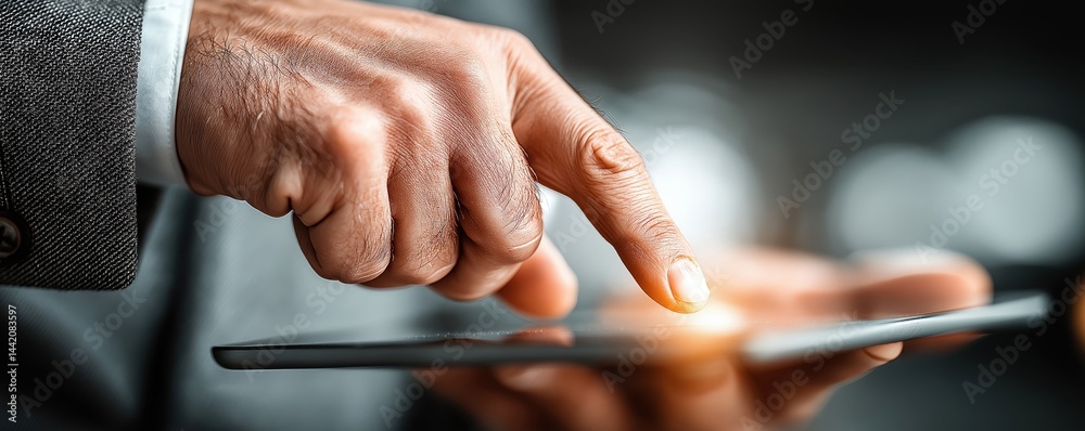 A person in a suit uses a touchscreen tablet, highlighting digital interaction and modern technology.