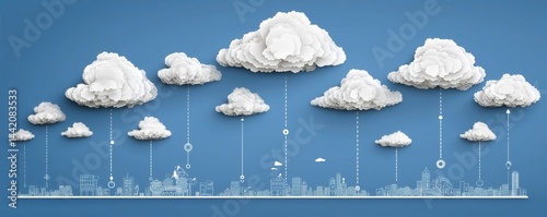 Paper clouds hover above a stylized cityscape, connected by dotted lines, illustrating a concept of cloud technology or data connectivity.