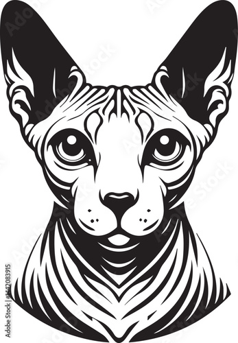 Sphynx Cat Vector Black and White Line Art Illustration	
