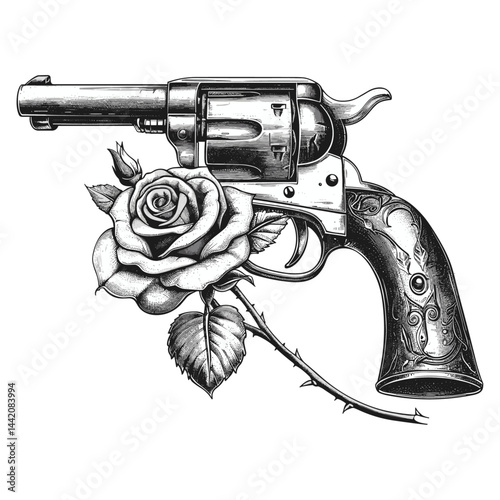 Vintage black engraving illustration, rose flower in the barrel of a gun, monochrome vector icon, old engraving style, trendy art, retro hand drawn sketch, tattoo design, old school