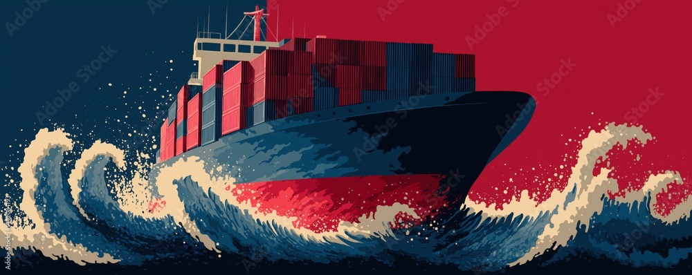 A large cargo ship loaded with containers sails through rough ocean waves under a dramatic sky.