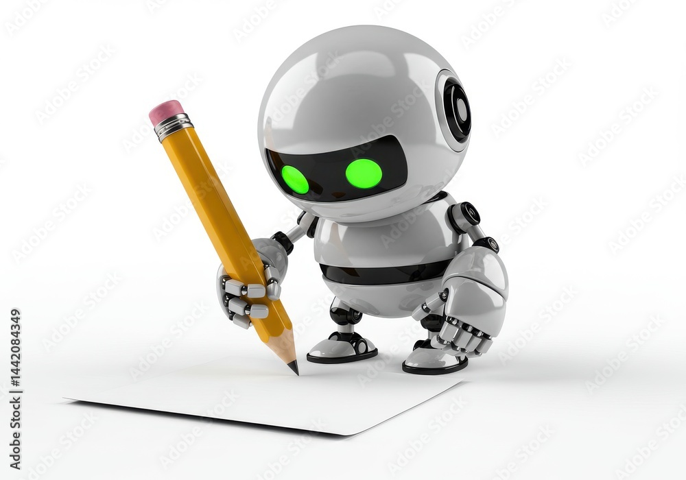 Naklejka premium Robot writing with a pencil isolated on white background