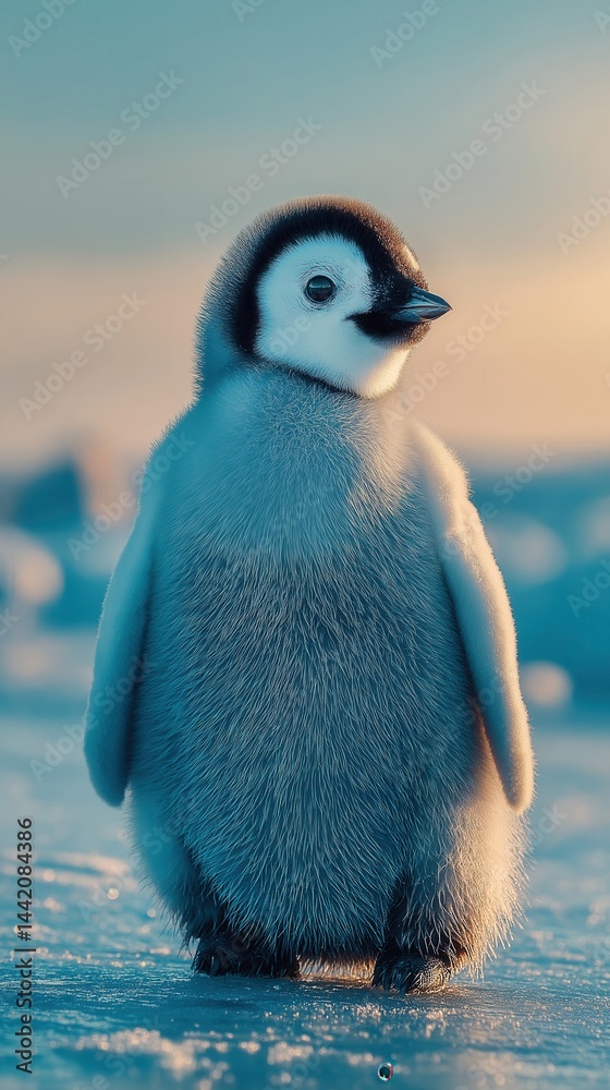 A fluffy baby penguin stands on icy ground under soft, natural light.