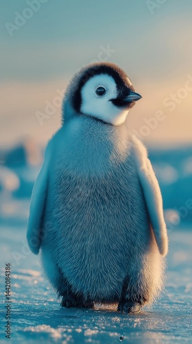 Obraz na płótnie A fluffy baby penguin stands on icy ground under soft, natural light. w salonie
