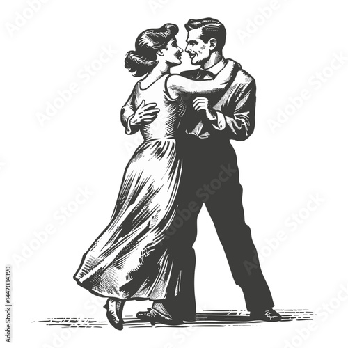 Vintage black-and-white style, retro couple dancing in formal wear, black sketch, old engraving style, romantic vintage dance, antique ballroom scene, stylish retro outfit art