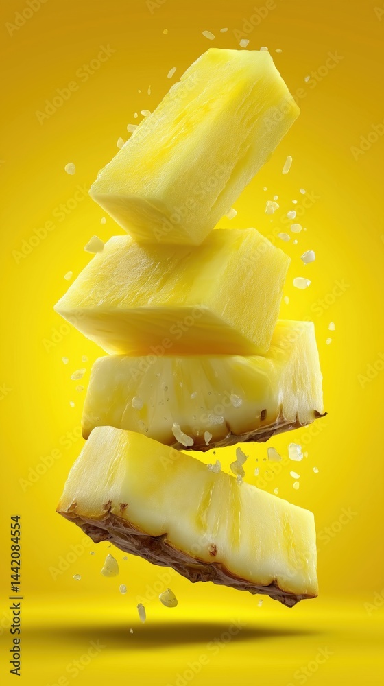 Four juicy pineapple slices float mid-air against a vibrant yellow background, with scattered salt crystals enhancing their freshness.