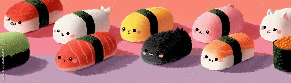 Cute, plush sushi toys with smiling faces and animal ears are arranged on a pink and purple background.
