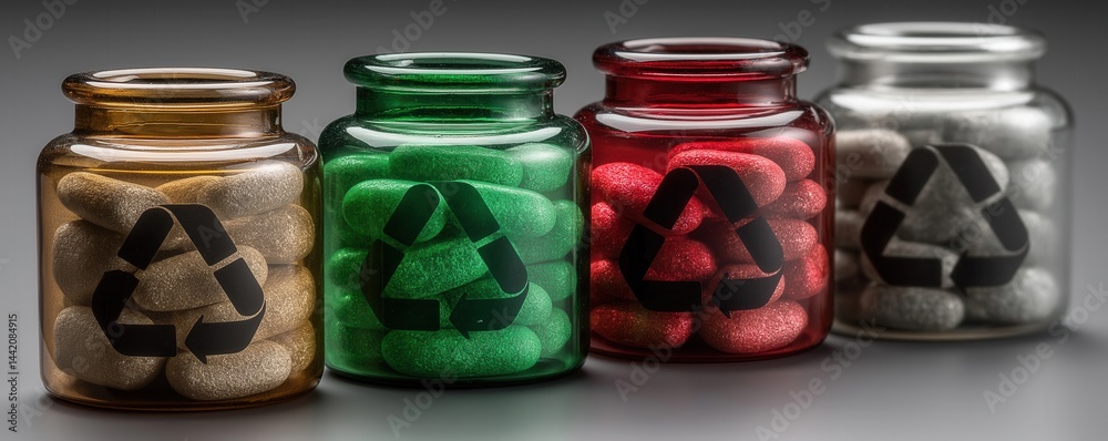 Four glass jars filled with colored capsules, each displaying a recycling symbol, arranged in a row on a neutral background.