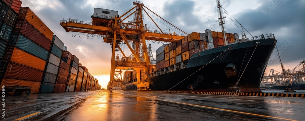 A large cargo ship is docked at a busy port, surrounded by stacked shipping containers and cranes at sunset.