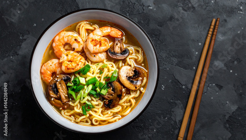 bol de nouilles asiatiques ramen, crevettes, baguettes asiatiques, fond sombre