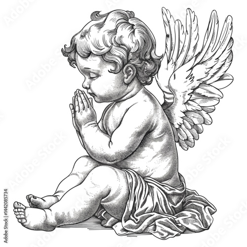 Vintage praying baby angel, cute child engraving, black sketch outline, isolated emblem vector, old engraving style, retro artwork, vintage clipart, line art vintage drawing