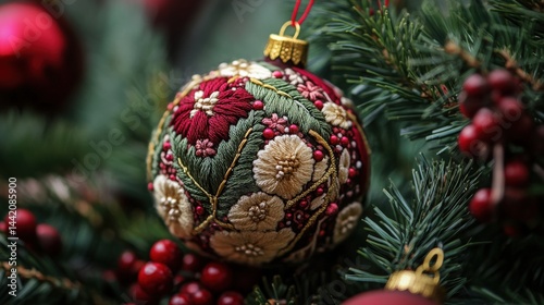 Exquisite embroidered Christmas ornament adorns a festive tree.
