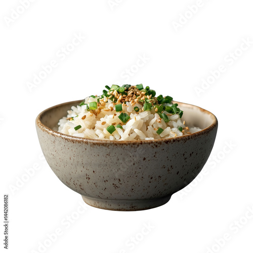 A bowl of rice garnished with green onions and sesame seeds, presented isolated on white background and transparent background