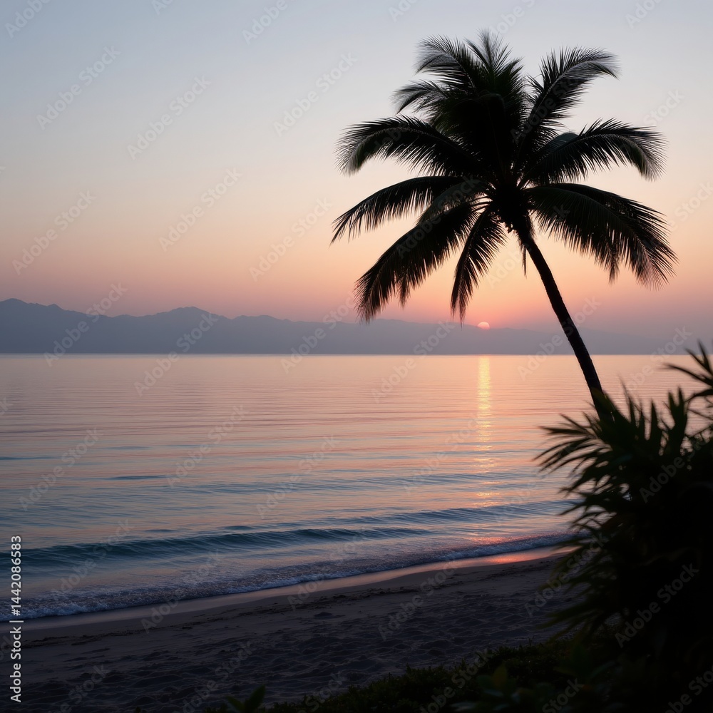 Fototapeta premium Tropical Sunset with Palm Tree Silhouette