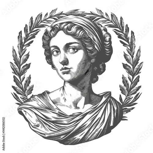 Antique woman portrait with laurel wreath, emblem, logo, cubism abstraction style, vintage grey black sketch, old engraving style, trendy art, abstract face, cubist woman, modern poster