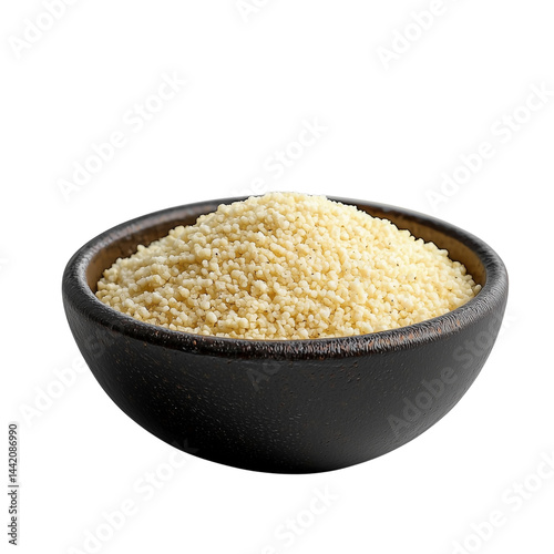 A black bowl filled with a mound of white Grits seeds highlighting its texture and natural color. isolated on white background and transparent background