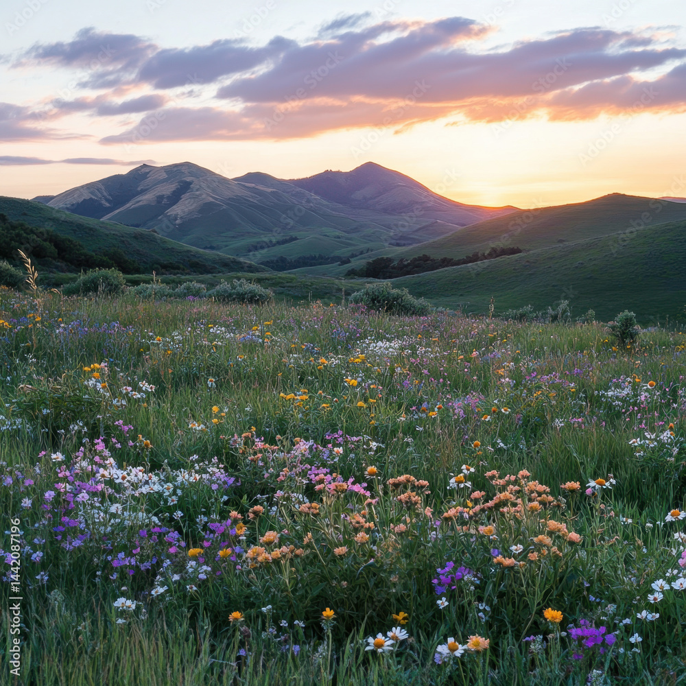 Fototapeta premium Wildflowers in vibrant hues contrast against majestic mountains under a breathtaking sunset sky.