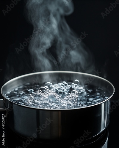 Boiling Water: Bubbles and steam cascade from a pot of boiling water, against a dark background, capturing the essence of culinary artistry and warmth.