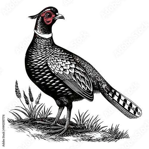 Vintage vector illustration of pheasant bird, black sketch, old engraving style, trendy, cut out objects, retro art, wildlife illustration, nature design, artistic engraving.