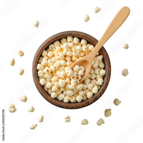 Bowl of  Hominy, Dried corn kernels, with a wooden spoon surrounded by scattered kernels. isolated on white background and transparent background