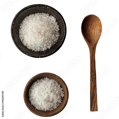 Two bowls of uncooked rice with a wooden spoon creating a minimalist kitchen vibe ideal for cooking themes. isolated on white background and transparent background