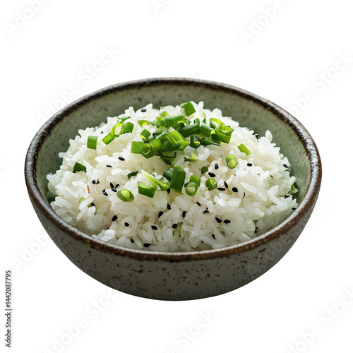 A bowl of cooked rice garnished with chopped green onions and sprinkled with sesame seeds, isolated on white background and transparent background