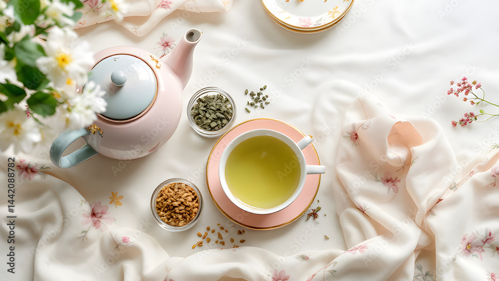 Elegant tea time scene featuring pink teapot, teacup, and floral arrangement Elegant tea time scene featuring pink teapot, teacup, and floral arrangement