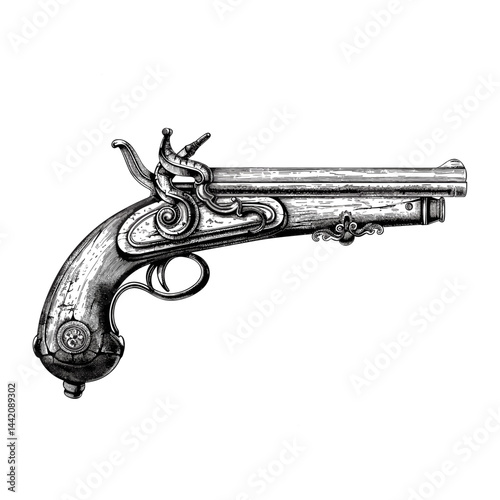 Vintage pirate musket, old pistol, black outline engraving, antique firearm vector, classic sketch style, old weapon illustration, retro pistol drawing, historical musket