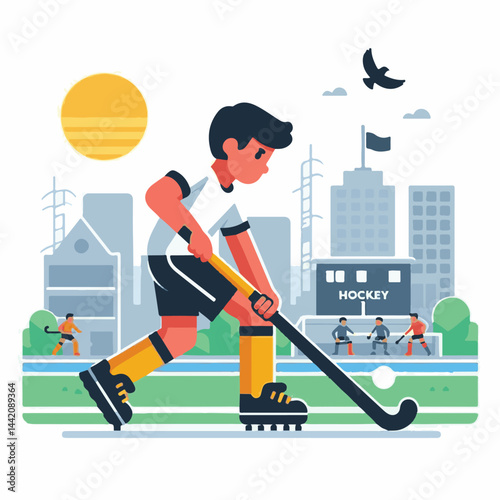 sport, field, ball, stick, competition, game, action, match, hockey, grass, team, player, play, field hockey, professional, active, athlete, isolated, summer, adult, stadium, silhouette, training, run