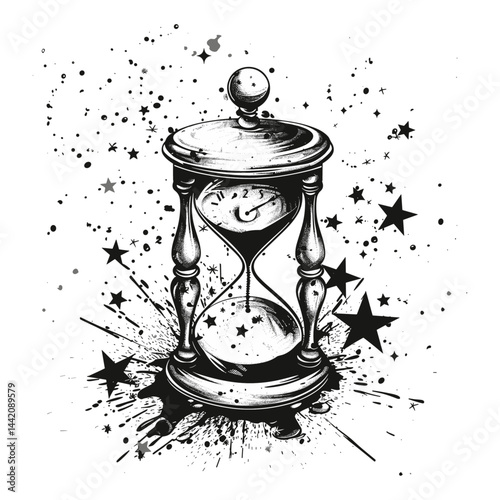 Old hourglass and stars, vintage black engraving illustration, emblem, logo, black sketch, retro art style, antique engraving, cosmic symbol, hand-drawn celestial vintage look