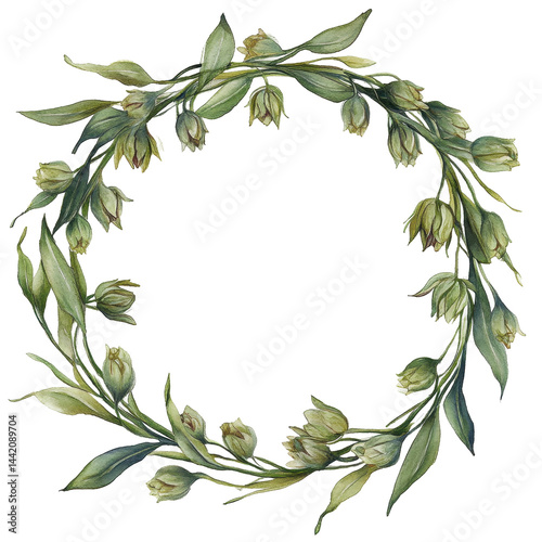 A muted green and white floral wreath frame design, perfect for decorative or artistic use.