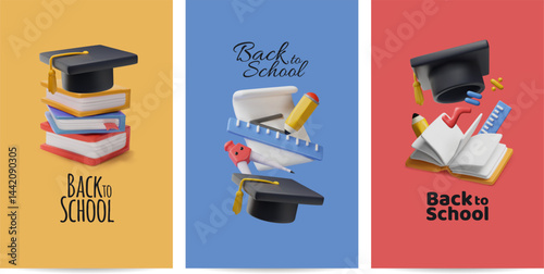 3D set of posters with books, student hat, pencil, compass, tape measure.