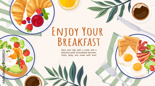 Vector banner with delicious breakfast dishes, croissants, eggs, toast, vegetables and coffee Tasty food on plate with striped tablecloth Morning meal template with text for web pages, website, poster