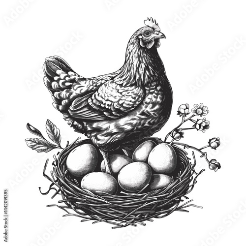 Minimalistic hand-drawn black hen with nest and eggs, vintage old engraving style sketch, farmhouse chicken art, rustic poultry illustration, country style, homestead decor
